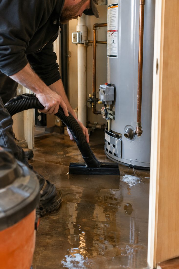 A water heater leak puddle in a utility closet being extracted with a wet vac at a split-level home with a finished basement in the Missouri Northland in Kansas City, MO