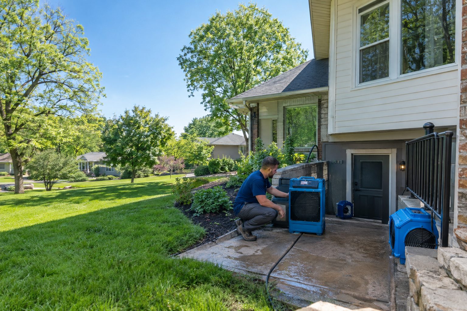 A restoration technician outside a Northland home checks drying equipment beside the basement entrance after a spring rain in Briarcliff, MO