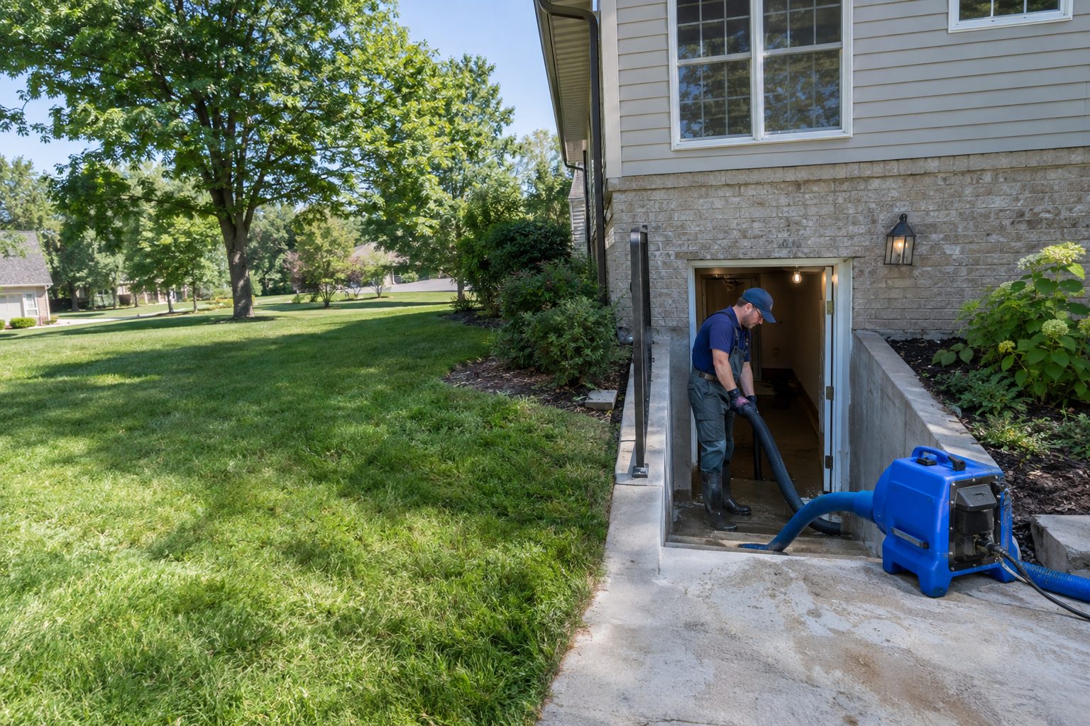 A restoration worker extracts water from a finished basement entrance while equipment and a Northland home exterior remain visible in Platte Woods, MO