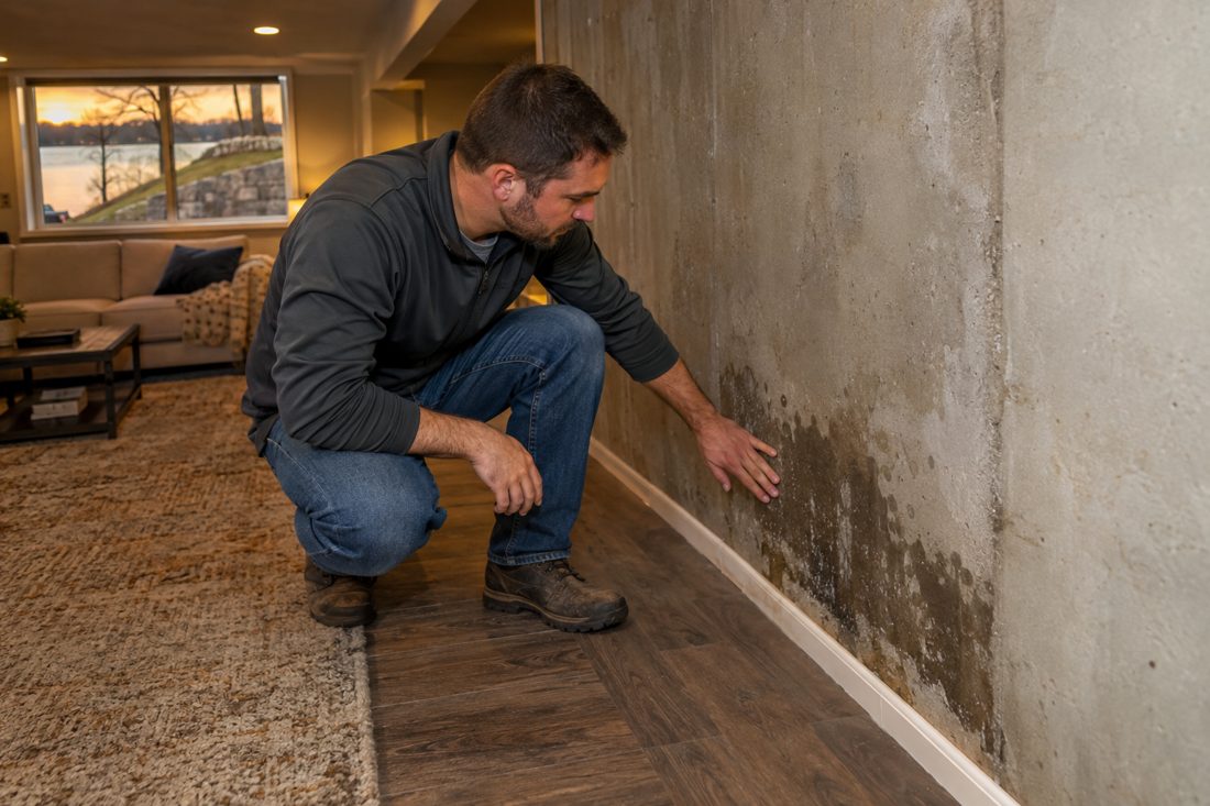 A close view of a worker checking damp basement wall and flooring materials inside a Weatherby Lake home in Weatherby Lake, MO